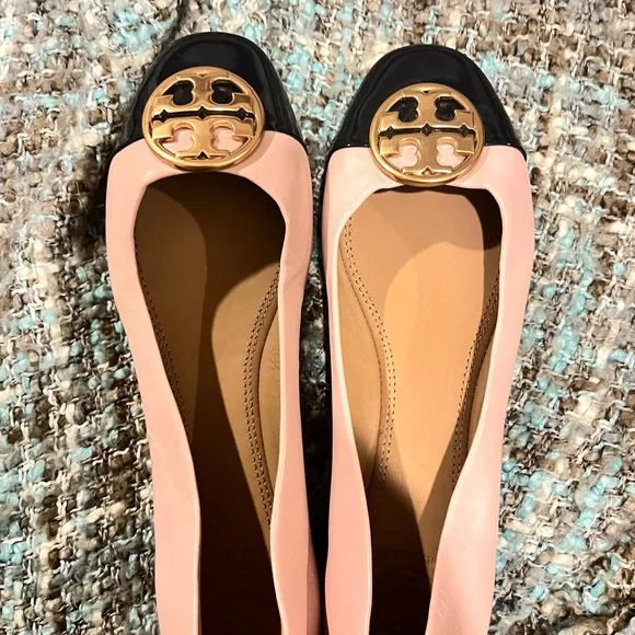 Tory Burch Pink and Black Flats with Gold Logo - Picture 5 of 6